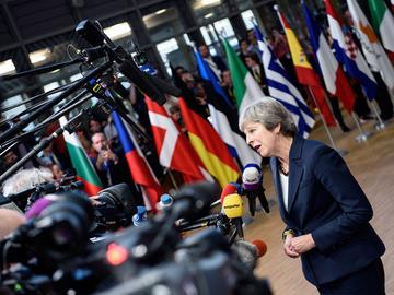 Theresa May, premier van het Verenigd Koninkrijk op een Europese top
