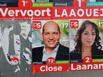 Verkiezingsaffiches van de PS met Philippe Close en Fadila Laanan