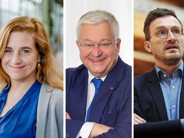 Elke Van den Brandt (Groen), Guy Vanhengel (Open VLD) en Pascal Smet (one.brussels), lijsttrekkers voor het Brussels Parlement bij de verkiezingen van 26 mei 2019