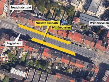 De nieuwe bushalte Wijnheuvelen aan de Rogierlaan, tussen Jospahatstraat en Wijnheuvelenstraat