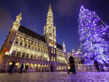 Verlichting van de Grote Markt, stadhuis en kerstboom tijdens Winterpret