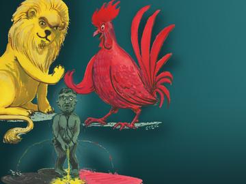 Illustratie Confederalisme Manneken Pis Vlaamse leeuw Waalse haan