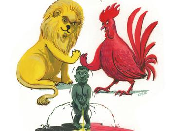 Illustratie Confederalisme Manneken Pis Vlaamse leeuw Waalse haan