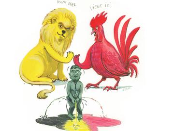 Illustratie Confederalisme Manneken Pis Vlaamse leeuw Waalse haan