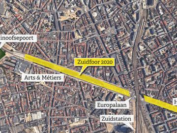 De locatie van de Zuidfoor op de Westelijke Kleine Ring in 2020: van de Ninoofsepoort tot de Hallepoort, met een onderbreking aan het viaduct ter hoogte van de Stalingradlaan