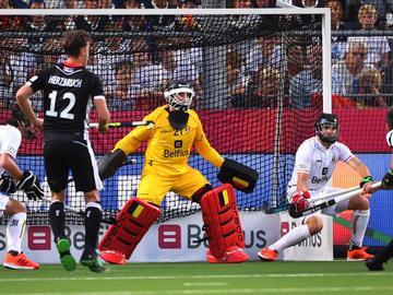 Vincent Vanasch, doelman van het nationale Belgische hockeyteam, tijdens de halve finale tegen Duitsland op het EuroHockeytornooi in 2019