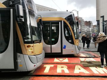De oversteekplaats voor voetgangers aan de MIVB-tramhalte op het Stefaniaplein