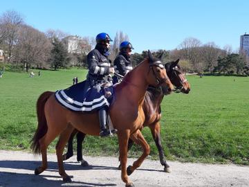 Politie te paard controleert het samenscholingsverbod in Park van Vorst, om verdere verspreiding van het coronavirus tegen te gaan.  De ziekte covid-19 wordt veroorzaakt door het virus SARS-CoV-2
