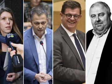 Kandidaat-voorzitters Open VLD Els Ampe, Egbert Lachaert, Bart Tommelein en Stefaan Nuytten