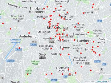 Kaart locaties in Brussel met een link naar het koloniale verleden in BrusseL