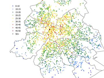 De defintieve kaart met de meetresultaten van CurieuzenAir 2022, het burgeronderzoek naar luchtkwaliteit in het Brussels Gewest