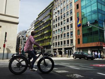 De groengevel van de Franse botanicus en groenkunstenaar Patrick Blanc in de Belliardstraat 14. Hier is vandaag het Federaal Planbureau gevestigd. Een fietser steekt over