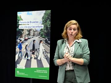 Elke Van den Brandt (Groen), op de persconferentie bij de start van de Week van de Mobiliteit in Brussel op 14 oktober 2022