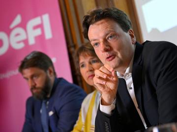 20231002 Défi-kopstukken Fabian Maingain, Cécile Jodogne en voorzitter François De Smet in september 2023