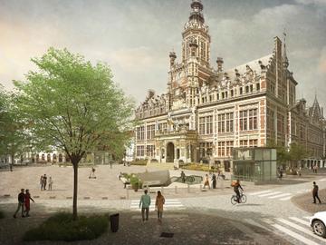 Het Collignonplein en gemeentehuis Schaarbeek met het toekomstige station voor metro 3 (simulatiebeeld)