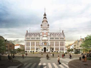 Het Collignonplein en gemeentehuis Schaarbeek met het toekomstige station voor metro 3