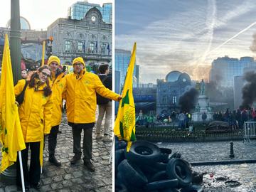 Boerenprotest op het Luxemburgplein tijdens de Europese top met links Italiaanse boeren