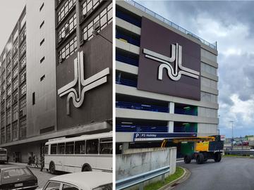 Kunstwerk Jacques Moeschal aan de gevel van de vroegere Parking 58 (links) en aan het nieuwe gebouw van Interparking aan Brussels Airport (rechts)