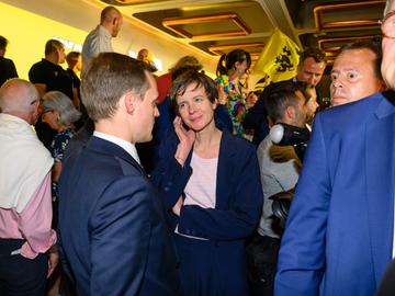 Verkiezingen 9 juni 2024: N-VA viert de verkiezingsoverwinning in Hotel Bloom Brussels: Cieltje Van Achter en Gilles Verstraeten.
