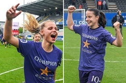 Lore Jacobs en Stefania Vatafu van RSCA Women bij het behalen van de kampioenstite tegen OH Leuven op 29 april 2023