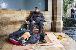 Botik (links) en Lola, honden van vzw Straatverplegers beschermen de dakloze Nicula en zorgen voor contact met voorbijgangers