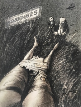 Uit het archief van cartoonist/illustrator GAL: het protest tegen kernraketten, met toenmalige politieke tenoren Premier Wilfried Martens en Leo Tindemans