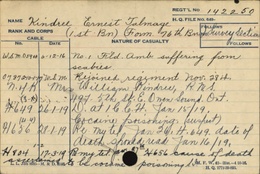 Medische fiche van Ernest Talmadge Kindree, Canadese soldaat in 1914-1918 en bedragen op het Military Cemetry in Evere. Op de fiche staat cocaïne vermeld als doodsoorzaak