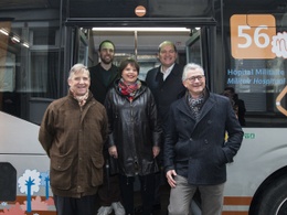 2 maart 2020: inhuldiging van de nieuwe buslijn 56 van de MIVB op het Colignonplein in Schaarbeek. Vlnr:  Brieuc de Meeûs, Bart Dhondt, Cécile Jodogne, Philippe Close en Bernard Clerfayt