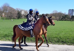 Politie te paard controleert het samenscholingsverbod in Park van Vorst, om verdere verspreiding van het coronavirus tegen te gaan. De ziekte covid-19 wordt veroorzaakt door het virus SARS-CoV-2