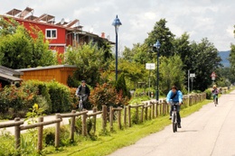 De wijk Rieselfeld in het Duitse Freiburg (foto uit 2007), kleine gebouwen en alomtegenwoordige zonnepanelen zorgen voor een gemeenschapsgevoel en een lage ecologische voetafdruk