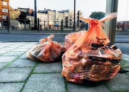 De oranje zakken met voedingsafval staan 's ochtends klaar om door Net Brussel opgehaald te worden