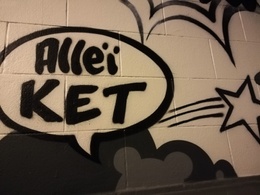 Alleï ket: Brussels dialect op de gevel van brasserieé/restaurant Le Brusseleir aan de Zuidlaan, tegenover de Hallepoort