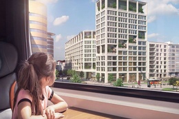 Simulatiebeeld van het Project Move'Hub door Immoange, een partnerschap tussen Atenor en BPI Real Estate, op het braakliggend terrein aan de Paul-Henri Spaaklaan, naat het Zuidstation