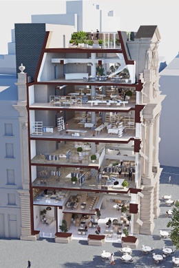 Deze doorsnede toont hoe  het Continentalgebouw, op de hoek van de Jacqmainlaan en het de Brouckèreplein opgedeeld zal worden (simulatiebeeld)