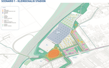 Scenario 1: met een klein stadion aan de Romeinsesteenweg, kantoren, scholen en woningen aan Treft.