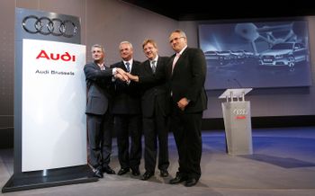 30 mei 2007: Rupert Stadler (CEO Audi , Martin Winterkorn (CEO Volkswagen), premier Guy Verhofstadt en Alfons Dintner, algemeen directeur van de fabriek in Vorst, bij de lancereing van de nieuwe Audi A3